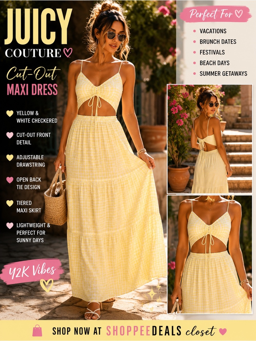 Juicy Couture Yellow & White Checkered Cut-Out Drawstring Maxi Dress NWT